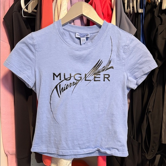 Mugler Tops - Mugler Light Blue Graphic Logo Tee